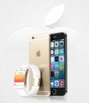 there is a golden version of the new iPhone 6 flagship next to an iWatch